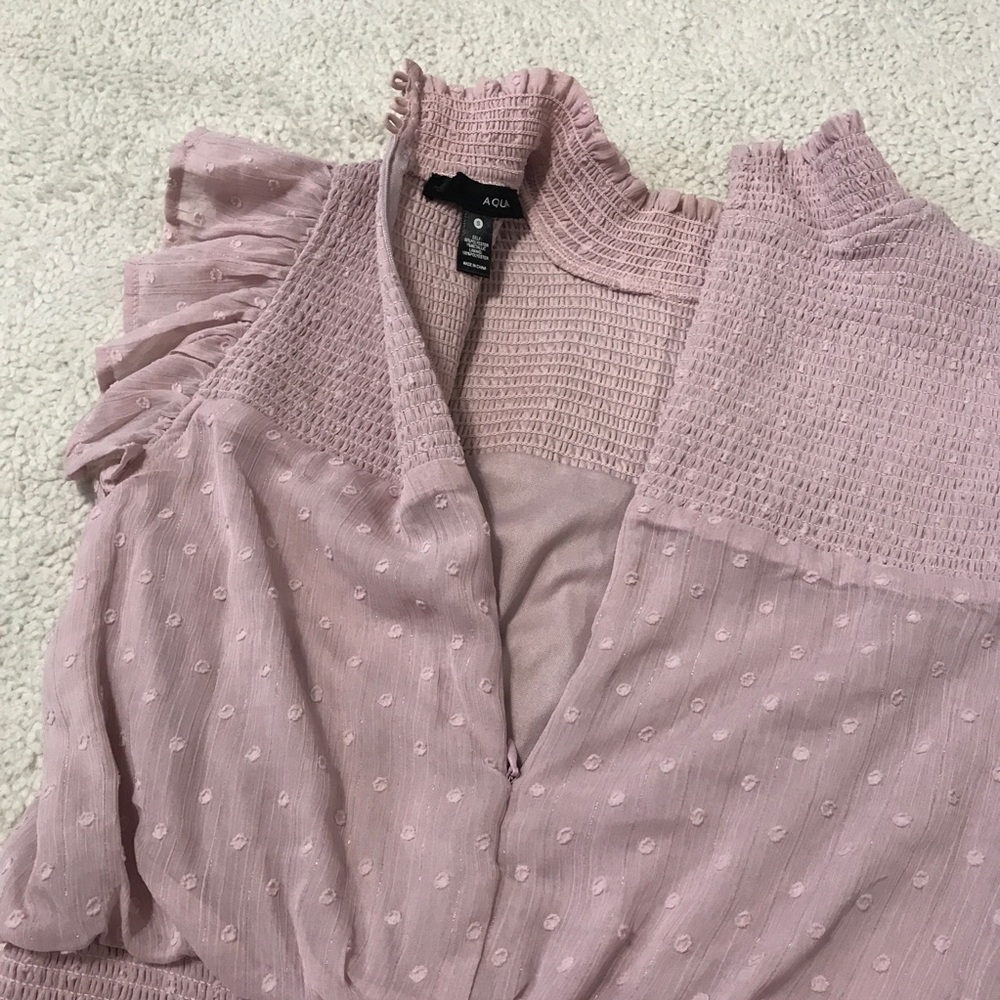 SOLD Aqua Mini Dress Flutter Sleeve Ruffle Smocked Pink Purple Pit to Pit 18โ ๐จ - Picture 13 of 14